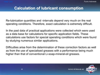 HOME END                                                           Fuchs Indonesia



           Calculation of lubricant consumption


 Re-lubrication quantities and -intervals depend very much on the real
 operating conditions. Therefore, exact calculation is extremely difficult.

 In the past data of practical applications were collected which were used
 as a data base for calculations for specific application fields. These
 calculations use factors for special operating conditions which were found
 by studying numerous similar applications.

 Difficulties arise from the determination of these correction factors as well
 as from the use of specialised greases with a performance being much
 higher than that of conventional Li-soap-mineral-oil greases.




              28
 