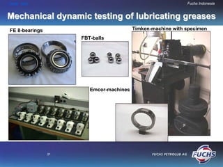 HOME END                                                     Fuchs Indonesia


Mechanical dynamic testing of lubricating greases
FE 8-bearings                            Timken-machine with specimen
                     FBT-balls




                        Emcor-machines




                31
 