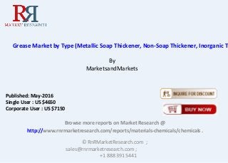 Grease Market by Type (Metallic Soap Thickener, Non-Soap Thickener, Inorganic Th
By
MarketsandMarkets
Browse more reports on Market Research @
http://www.rnrmarketresearch.com/reports/materials-chemicals/chemicals .
© RnRMarketResearch.com ;
sales@rnrmarketresearch.com ;
+1 888 391 5441
Published: May-2016
Single User : US $4650
Corporate User : US $7150
 