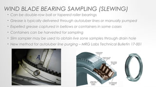 WIND BLADE BEARING SAMPLING (SLEWING)
• Can be double-row ball or tapered roller bearings
• Grease is typically delivered through autoluber lines or manually pumped
• Expelled grease captured in bellows or containers in some cases
• Containers can be harvested for sampling
• Slim sampler may be used to obtain live zone samples through drain hole
• New method for autoluber line purging – MRG Labs Technical Bulletin 17-001
 