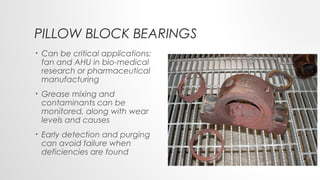 PILLOW BLOCK BEARINGS
• Can be critical applications:
fan and AHU in bio-medical
research or pharmaceutical
manufacturing
• Grease mixing and
contaminants can be
monitored, along with wear
levels and causes
• Early detection and purging
can avoid failure when
deficiencies are found
 
