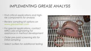 IMPLEMENTING GREASE ANALYSIS
• Find critical applications and high-
risk components for analysis
• Review sampling kit options on
www.greasethief.com
• For special applications, contact
MRG Labs engineering for
assistance in method development
• Order pre-paid screening kits for
initial sampling
• Select outliers for additional testing
 