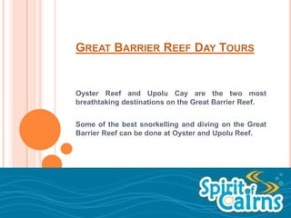GREAT BARRIER REEF DAY TOURS


Oyster Reef and Upolu Cay are the two most
breathtaking destinations on the Great Barrier Reef.


Some of the best snorkelling and diving on the Great
Barrier Reef can be done at Oyster and Upolu Reef.
 
