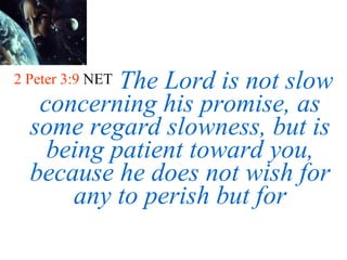 2 Peter 3:9  NET   The Lord is not slow concerning his promise, as some regard slowness, but is being patient toward you, because he does not wish for any to perish but for 