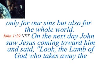 only for our sins but also for the whole world.  John 1:29  NET   On the next day John saw Jesus coming toward him and said, "Look, the Lamb of God who takes away the 
