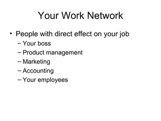 Your Work Network <ul><li>People with direct effect on your job </li></ul><ul><ul><li>Your boss </li></ul></ul><ul><ul><li...