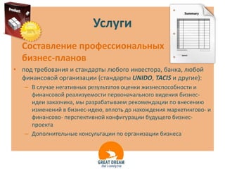 Услуги
  Составление профессиональных
  бизнес-планов
• под требования и стандарты любого инвестора, банка, любой
  финансовой организации (стандарты UNIDO, TACIS и другие):
   – В случае негативных результатов оценки жизнеспособности и
     финансовой реализуемости первоначального видения бизнес-
     идеи заказчика, мы разрабатываем рекомендации по внесению
     изменений в бизнес-идею, вплоть до нахождения маркетингово- и
     финансово- перспективной конфигурации будущего бизнес-
     проекта
   – Дополнительные консультации по организации бизнеса
 