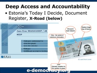 Deep Access and Accountability <ul><li>Estonia’s Today I Decide, Document Register,  X-Road (below) </li></ul>