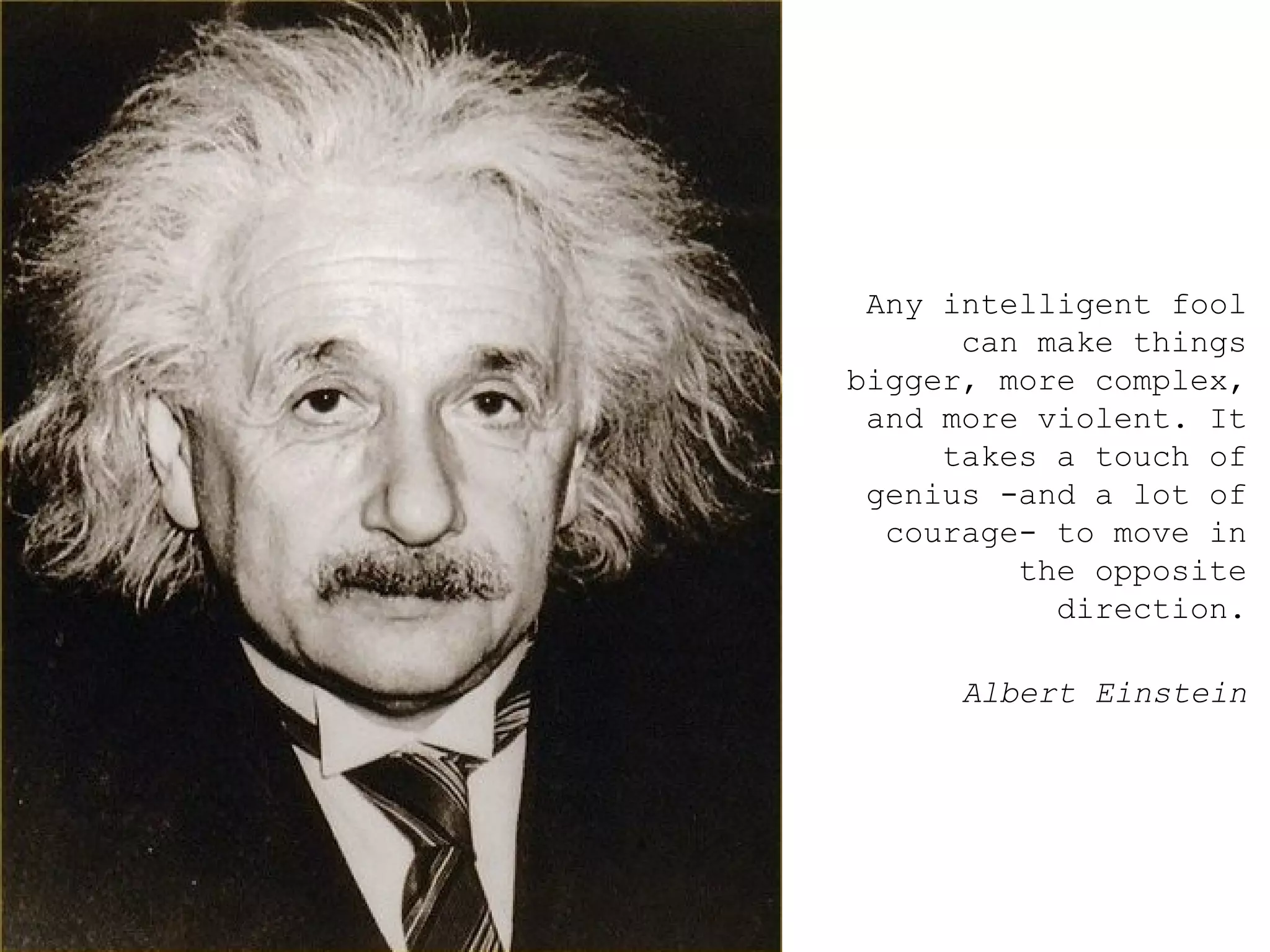 Any intelligent fool can make things bigger, more complex, and more violent. It takes a touch of genius -and a lot of courage- to move in the opposite direction. Albert Einstein 