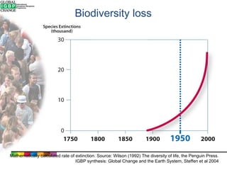 Biodiversity loss

Mathematically calculated rate of extinction. Source: Wilson (1992) The diversity of life, the Penguin Press.
IGBP synthesis: Global Change and the Earth System, Steffen et al 2004

 