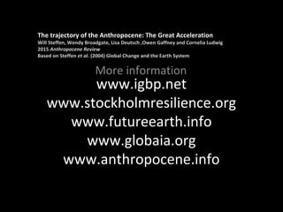 www.igbp.net
www.stockholmresilience.org
www.futureearth.info
www.globaia.org
www.anthropocene.info
More information
The trajectory of the Anthropocene: The Great Acceleration
Will Steffen, Wendy Broadgate, Lisa Deutsch ,Owen Gaffney and Cornelia Ludwig
2015 Anthropocene Review
Based on Steffen et al. (2004) Global Change and the Earth System
 