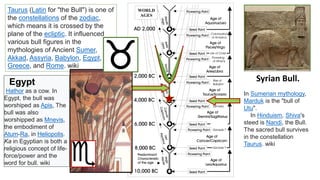 Taurus (Latin for "the Bull") is one of
the constellations of the zodiac,
which means it is crossed by the
plane of the ecliptic. It influenced
various bull figures in the
mythologies of Ancient Sumer,
Akkad, Assyria, Babylon, Egypt,
Greece, and Rome. wiki
In Sumerian mythology,
Marduk is the "bull of
Utu".
In Hinduism, Shiva's
steed is Nandi, the Bull.
The sacred bull survives
in the constellation
Taurus. wiki
Egypt
Hathor as a cow. In
Egypt, the bull was
worshiped as Apis, The
bull was also
worshipped as Mnevis,
the embodiment of
Atum-Ra, in Heliopolis.
Ka in Egyptian is both a
religious concept of life-
force/power and the
word for bull. wiki
Syrian Bull.
 