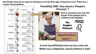 A much loved Princess who was born when the
Moon was in Aquarius ruled by Uranus in Leo?
Aquarius/Leo
story ?
The
People’s
Princess!
And finally what do we need to introduce us to the New Age of Aquarius Leo? There are a
couple of possibilities.
Here is someone who won the
hearts of the people and is
unlikely to be forgotten
Possibility ONE: How about a ‘People’s
Princess’ ?
 