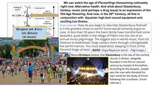 We can watch the age of Pisces/Virgo blossoming noticeably
right now. Alternative health. And what about Glastonbury,
fantasy, music (and perhaps a drug issue) is an expression of the
Old Age flowering. And now, in the 20th Century, all this in
conjunction with Aquarian high tech sound equipment and
exciting Leo Drama.
Dragons and Fairy-
tale Palaces
(of course).
From internet: How do you begin to describe Glastonbury festival?
Is it the greatest show on earth? Some would certainly argue its
case. In less than 50 years the Eavis family have transformed some
beautiful, quiet fields in the village of Pilton into the site of an
annual music pilgrimage. The biggest acts in world music, from Ed
Sheeran to Radiohead, forge careers there through unforgettable
live performances. You must experience swaying in front of the
Pyramid Stage at least once.
(NOTE: Virgo/Neptune word – Pilgrimage.)
Many Christians believe that Glastonbury is the site of the earliest
church in Britain, allegedly
founded in the first or second
century by Joseph of Arimathea.
According to the Gospels, Joseph
was the man who donated his
own tomb for the body of Christ
following the crucifixion. (From
internet.)
 