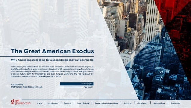 The Great American Exodus
Why Americans are looking for a second residency outside the US
In this report, the Get Golden Visa research team discusses why Americans are moving out of
the US and looking for a second residency. Leaving the US requires far more profound change
than merely making an investment abroad. Americans are looking for better lifestyles and for
a secure future, both for themselves and their families. Achieving this via residency by
investment programs is an increasingly popular solution.
Q2 2022
Whitepaper
Published by
Get Golden Visa Research Team
Home Introduction Reasons Expert Opinion Research Participant Views Statistics Conclusion Contact Us
Methodology
 