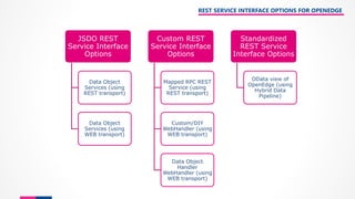 REST SERVICE INTERFACE OPTIONS FOR OPENEDGE
JSDO REST
Service Interface
Options
Data Object
Services (using
REST transport)
Data Object
Services (using
WEB transport)
Custom REST
Service Interface
Options
Mapped RPC REST
Service (using
REST transport)
Custom/DIY
WebHandler (using
WEB transport)
Data Object
Handler
WebHandler (using
WEB transport)
Standardized
REST Service
Interface Options
OData view of
OpenEdge (using
Hybrid Data
Pipeline)
 