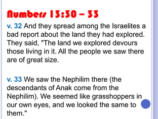Numbers 13:30 – 33
v. 32 And they spread among the Israelites a
bad report about the land they had explored.
They said, "The land we explored devours
those living in it. All the people we saw there
are of great size.
v. 33 We saw the Nephilim there (the
descendants of Anak come from the
Nephilim). We seemed like grasshoppers in
our own eyes, and we looked the same to
them."

 