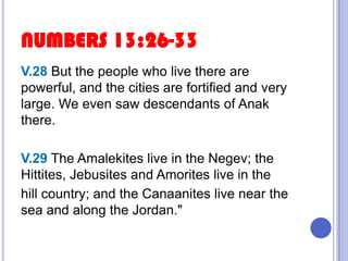 NUMBERS 13:26-33
V.28 But the people who live there are
powerful, and the cities are fortified and very
large. We even saw descendants of Anak
there.
V.29 The Amalekites live in the Negev; the
Hittites, Jebusites and Amorites live in the
hill country; and the Canaanites live near the
sea and along the Jordan."

 