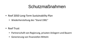 Schutzmaßnahmen
● Reef 2050 Long-Term Sustainability Plan
● Wiederherstellung des "Stand 1981"
● Reef Trust
● Partnerschaft von Regierung, privaten Anlegern und Bauern
● Generierung von finanziellen Mitteln
 