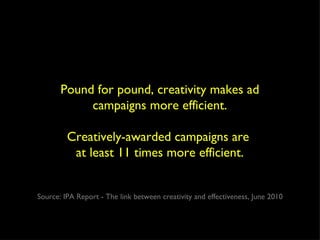 Pound for pound, creativity makes ad campaigns more efficient. Creatively-awarded campaigns are  at least 11 times more efficient. Source: IPA Report - The link between creativity and effectiveness, June 2010 