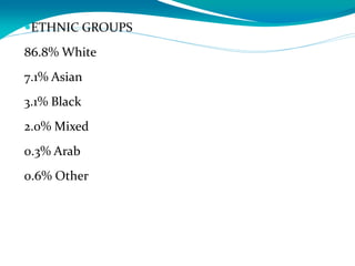 ETHNIC GROUPS
86.8% White
7.1% Asian
3.1% Black
2.0% Mixed
0.3% Arab
0.6% Other
 