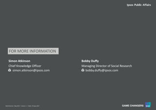 World Worries | May 2017 | Version 1 | Public | © Ipsos 2017
Simon Atkinson
Chief Knowledge Officer
simon.atkinson@ipsos.com
Bobby Duffy
Managing Director of Social Research
bobby.duffy@ipsos.com
FOR MORE INFORMATION
 
