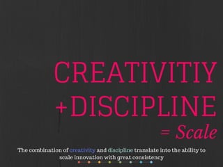 CREATIVITIY
+DISCIPLINE
= Scale
The combination of creativity and discipline translate into the ability to
scale innovation with great consistency
 
