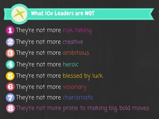 They're not more creative
They're not more visionary
They're not more heroic
They're not more charismatic
They're not more ambitious
They're not more blessed by luck
They're not more risk taking
They're not more prone to making big, bold moves
What 10x Leaders are NOT
 
