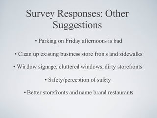 Survey Responses: Other Suggestions <ul><li>•  Parking on Friday afternoons is bad </li></ul><ul><li>•  Clean up existing ...