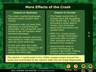 More Effects of the Crash
Impact on Europe
• The fragile economies of
Europe were still struggling
from World War I. They had
borrowed a great deal of
money from American
banks that the banks now
wanted back.
• With U.S. buying power
down, foreign businesses
were less able to export
their products and were
forced to fire workers.
• Governments tried to
protect themselves by
passing high tariffs, making
foreign goods expensive.
Impact on Business
• The crash crushed businesses,
because banks couldn’t lend
money.
• Consumers also cut back their
spending on everything but
essentials, and companies were
forced to lay off workers when
demand decreased.
• Unemployed workers had even
less money to make purchases,
and the cycle continued.
• In the year after the crash,
American wages dropped by $4
billion and nearly 3 million
people lost their jobs.
The decline in world trade in the 1930s created misery around the
world and contributed to the nation’s slide into the Great Depression.
 