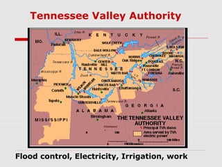 Tennessee Valley Authority

Flood control, Electricity, Irrigation, work

 