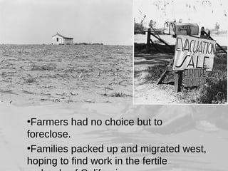 •Farmers had no choice but to
foreclose.
•Families packed up and migrated west,
hoping to find work in the fertile
 