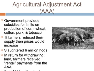 Agricultural Adjustment Act
(AAA)
 Government provided
subsidies for limits on
production of corn, wheat,
cotton, pork, & tobacco
 If farmers reduced their
supply then prices would
increase
 Slaughtered 6 million hogs
 In return for withdrawing
land, farmers received
“rental” payments from the
AAA
 