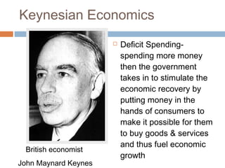 Keynesian Economics
 Deficit Spending-
spending more money
then the government
takes in to stimulate the
economic recovery by
putting money in the
hands of consumers to
make it possible for them
to buy goods & services
and thus fuel economic
growth
British economist
John Maynard Keynes
 