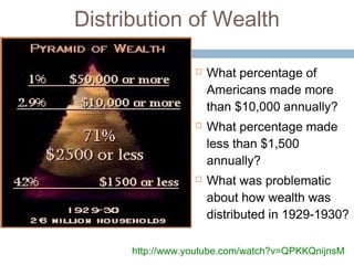 Distribution of Wealth
 What percentage of
Americans made more
than $10,000 annually?
 What percentage made
less than $1,500
annually?
 What was problematic
about how wealth was
distributed in 1929-1930?
http://www.youtube.com/watch?v=QPKKQnijnsM
 