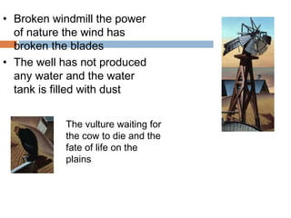 • Broken windmill the power
of nature the wind has
broken the blades
• The well has not produced
any water and the water
tank is filled with dust
The vulture waiting for
the cow to die and the
fate of life on the
plains
 