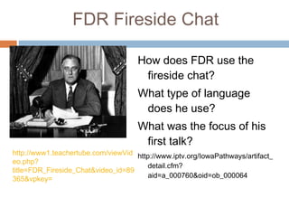 FDR Fireside Chat
How does FDR use the
fireside chat?
What type of language
does he use?
What was the focus of his
first talk?
http://www.iptv.org/IowaPathways/artifact_
detail.cfm?
aid=a_000760&oid=ob_000064
http://www1.teachertube.com/viewVid
eo.php?
title=FDR_Fireside_Chat&video_id=89
365&vpkey=
 