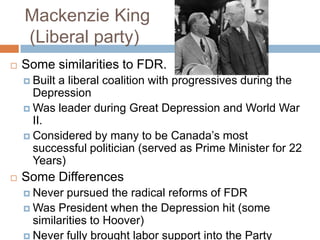 Mackenzie King
(Liberal party)
 Some similarities to FDR.
 Built a liberal coalition with progressives during the
Depression
 Was leader during Great Depression and World War
II.
 Considered by many to be Canada‟s most
successful politician (served as Prime Minister for 22
Years)
 Some Differences
 Never pursued the radical reforms of FDR
 Was President when the Depression hit (some
similarities to Hoover)
 Never fully brought labor support into the Party
 