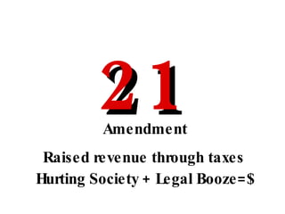 Raised revenue through taxes Hurting Society + Legal Booze=$ Amendment 21 