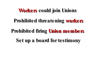 Workers  could join Unions Prohibited threatening  workers Prohibited firing  Union members Set up a board for testimony 