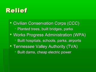 Relief

  Civilian Conservation Corps (CCC)
    Planted trees, built bridges, parks
  Works Progress Administration (WPA)
    Built hospitals, schools, parks, airports
  Tennessee Valley Authority (TVA)
    Built dams, cheap electric power
 
