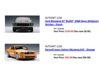 AUTOART 1/18
Ford Mustang GT 'Bullitt" 1968 Steve McQueen
Version - Green
       RRP: $136.95
       Your Price: $129.99 (You save $6.96)




AUTOART 1/18
Parnelli Jones Saleen Mustang #15 - Orange
       RRP: $122.95
       Your Price: $65.99 (You save $56.96)
 