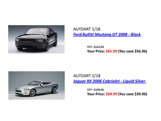 AUTOART 1/18
Ford Bullitt Mustang GT 2008 - Black

       RRP: $122.95
       Your Price: $65.99 (You save $56.96)




AUTOART 1/18
Jaguar XK 2006 Cabriolet - Liquid Silver
       RRP: $109.95
       Your Price: $69.99 (You save $39.96)
 