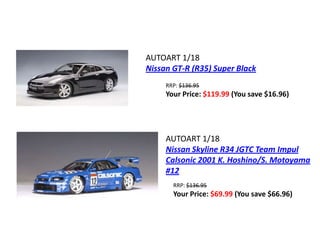 AUTOART 1/18
Nissan GT-R (R35) Super Black
     RRP: $136.95
     Your Price: $119.99 (You save $16.96)




     AUTOART 1/18
     Nissan Skyline R34 JGTC Team Impul
     Calsonic 2001 K. Hoshino/S. Motoyama
     #12
       RRP: $136.95
       Your Price: $69.99 (You save $66.96)
 