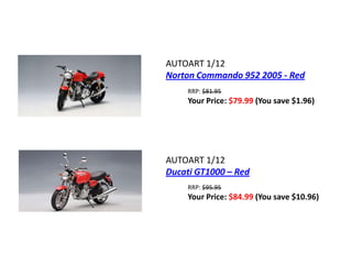 AUTOART 1/12
Norton Commando 952 2005 - Red
    RRP: $81.95
    Your Price: $79.99 (You save $1.96)




AUTOART 1/12
Ducati GT1000 – Red
    RRP: $95.95
    Your Price: $84.99 (You save $10.96)
 