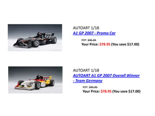 AUTOART 1/18
A1 GP 2007 - Promo Car
    RRP: $95.95
    Your Price: $78.95 (You save $17.00)




AUTOART 1/18
AUTOART A1 GP 2007 Overall Winner
- Team Germany
     RRP: $95.95
     Your Price: $78.95 (You save $17.00)
 