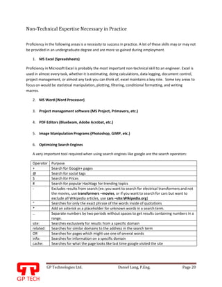 GP Technologies Ltd. Daniel Lang, P.Eng. Page 20
GP
Non-Technical Expertise Necessary in Practice
Proficiency in the following areas is a necessity to success in practice. A lot of these skills may or may not
be provided in an undergraduate degree and are more so gained during employment.
1. MS Excel (Spreadsheets)
Proficiency in Microsoft Excel is probably the most important non-technical skill to an engineer. Excel is
used in almost every task, whether it is estimating, doing calculations, data logging, document control,
project management, or almost any task you can think of, excel maintains a key role. Some key areas to
focus on would be statistical manipulation, plotting, filtering, conditional formatting, and writing
macros.
2. MS Word (Word Processor)
3. Project management software (MS Project, Primavera, etc.)
4. PDF Editors (Bluebeam, Adobe Acrobat, etc.)
5. Image Manipulation Programs (Photoshop, GIMP, etc.)
6. Optimizing Search Engines
A very important tool required when using search engines like google are the search operators:
Operator Purpose
+ Search for Google+ pages
@ Search for social tags
$ Search for Prices
# Search for popular Hashtags for trending topics
- Excludes results from search (ex: you want to search for electrical transformers and not
the movies, use transformers –movies, or if you want to search for cars but want to
exclude all Wikipedia articles, use cars –site:Wikipedia.org)
“ Searches for only the exact phrase of the words inside of quotations
* Add an asterisk as a placeholder for unknown words in a search term.
.. Separate numbers by two periods without spaces to get results containing numbers in a
range.
site: Searches exclusively for results from a specific domain
related: Searches for similar domains to the address in the search term
OR Searches for pages which might use one of several words
info: Searches for information on a specific domain
cache: Searches for what the page looks like last time google visited the site
 