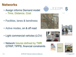 11 |11 |
Networks
• Assign informs Demand model
– Time, Distance, Cost
• Facilities, lanes & bendiness
• Active modes, on & off road
• Light commercial vehicles (LCV)
• Network futures defined by TMR
QTRIP, TIPPS, financial constraints
S0.5 1.0 1.5 2.0 km
AITPM 2017 National Conference, Melbourne | 17 August 2017
 