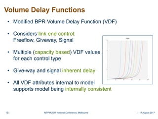 12 |12 |
Volume Delay Functions
• Modified BPR Volume Delay Function (VDF)
• Considers link end control:
Freeflow, Giveway, Signal
• Multiple (capacity based) VDF values
for each control type
• Give-way and signal inherent delay
• All VDF attributes internal to model
supports model being internally consistent
AITPM 2017 National Conference, Melbourne | 17 August 2017
 