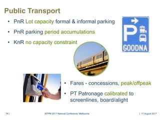 14 |14 |
Public Transport
• PnR Lot capacity formal & informal parking
• PnR parking period accumulations
• KnR no capacity constraint
• Fares - concessions, peak/offpeak
• PT Patronage calibrated to
screenlines, board/alight
AITPM 2017 National Conference, Melbourne | 17 August 2017
 